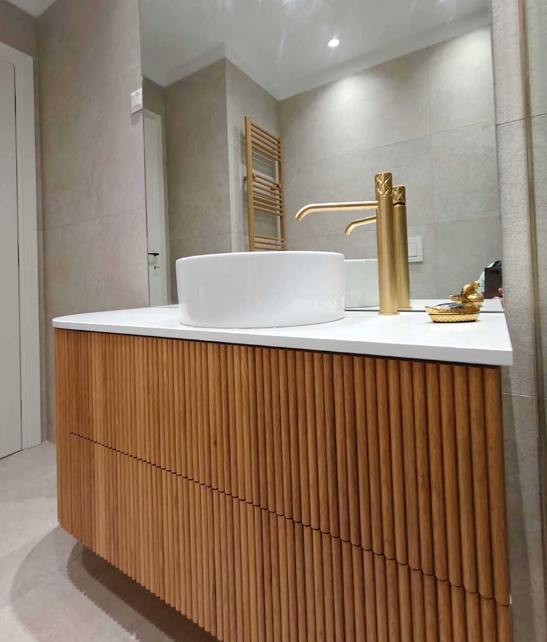 bathroom cabinets with wood panels