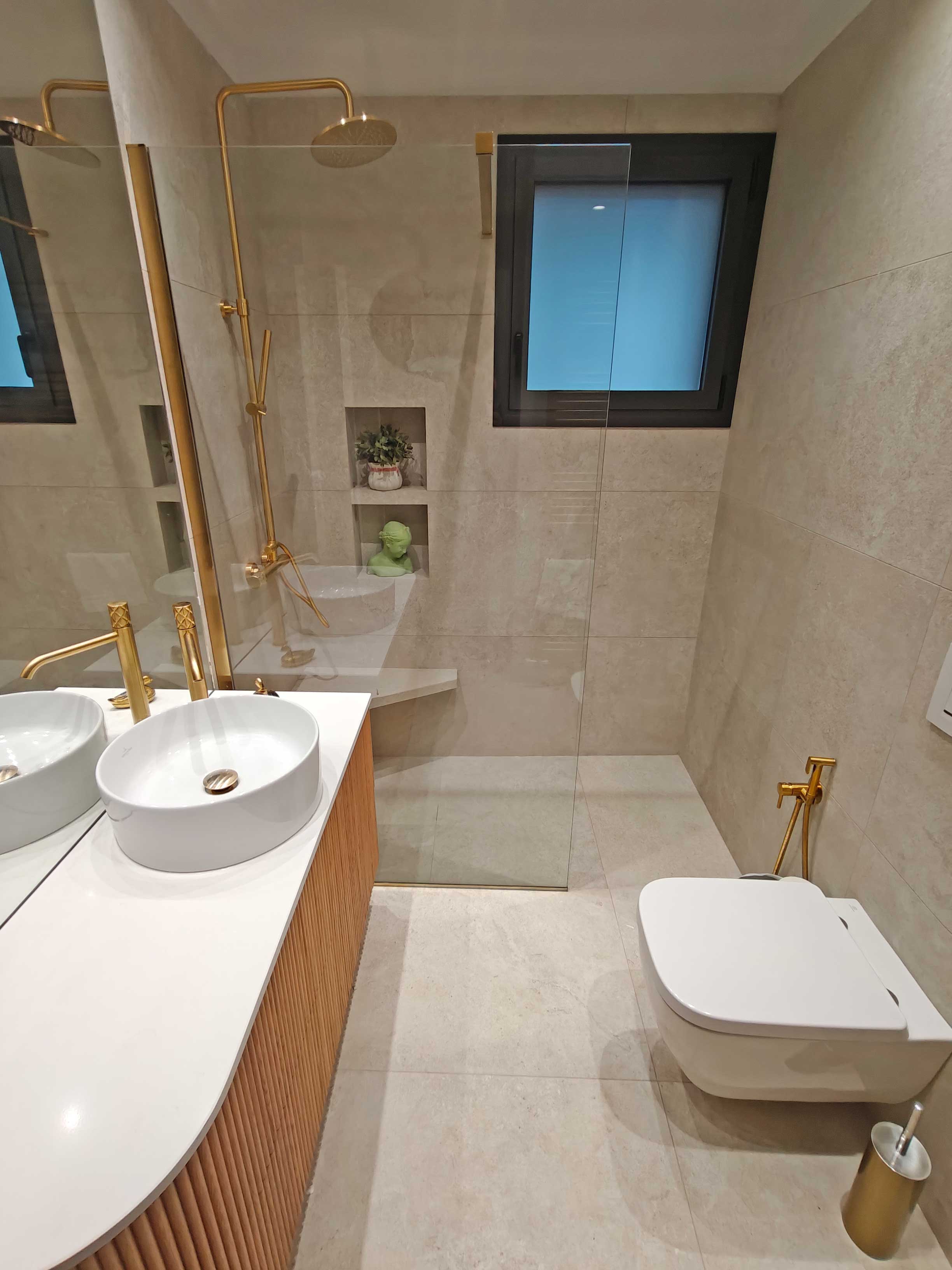 bathroom cabinets with wood panels