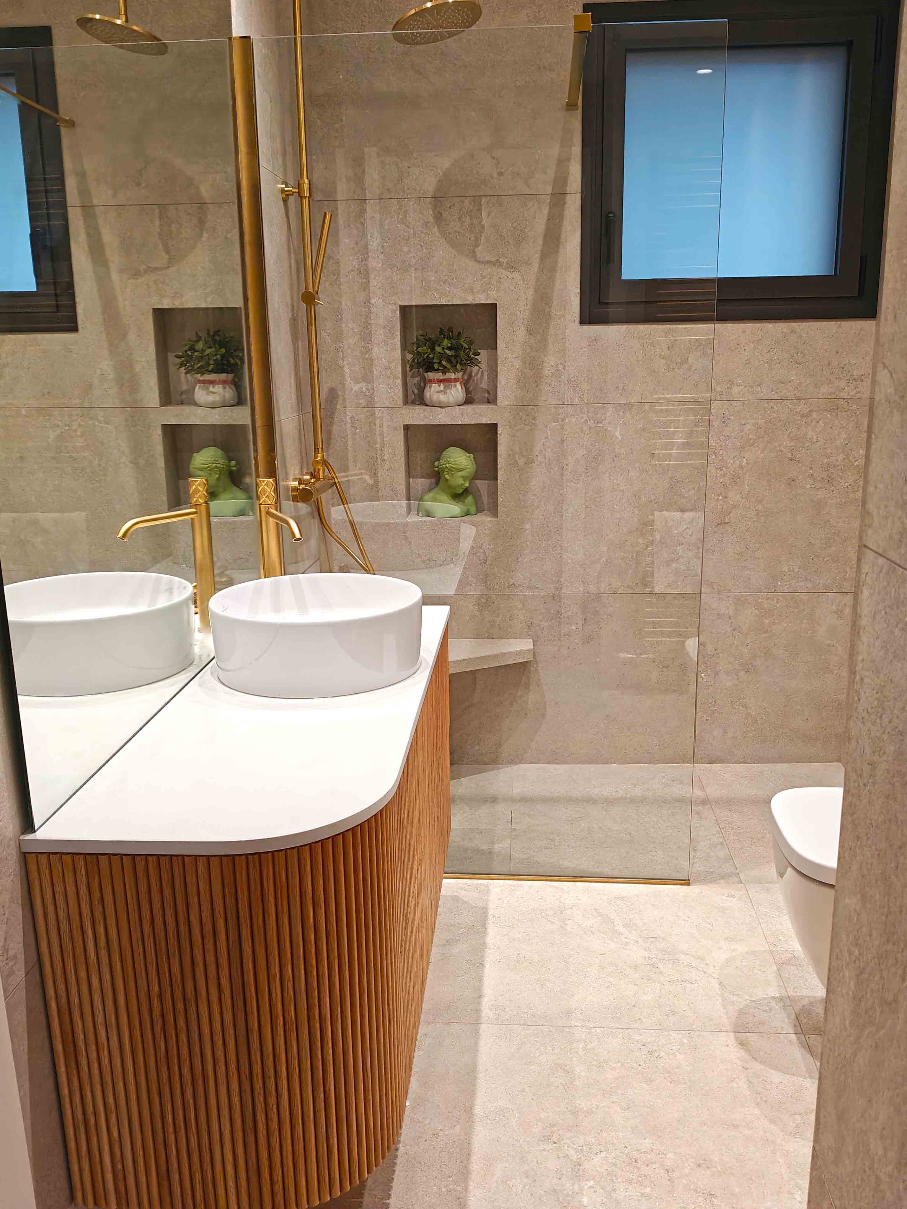 bathroom cabinets with wood panels